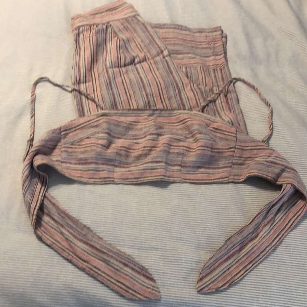 Matching crop top with wide leg stripe linen pant set - culottes